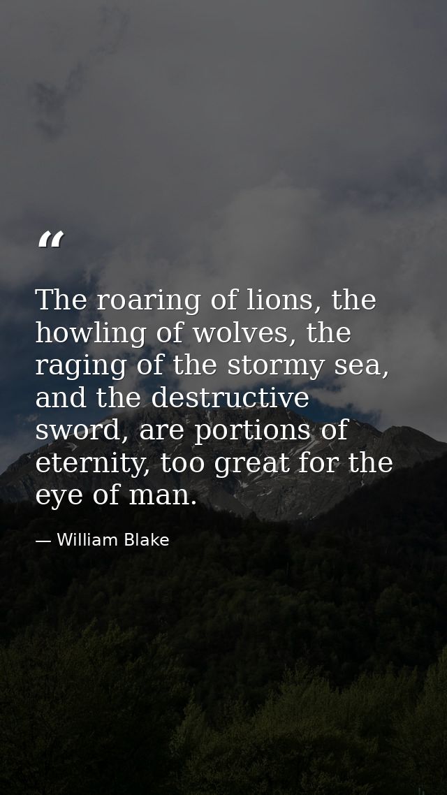 The roaring of lions, the howling of wolves, the raging of the stormy sea, and the destructive sword, are portions of et — William Blake