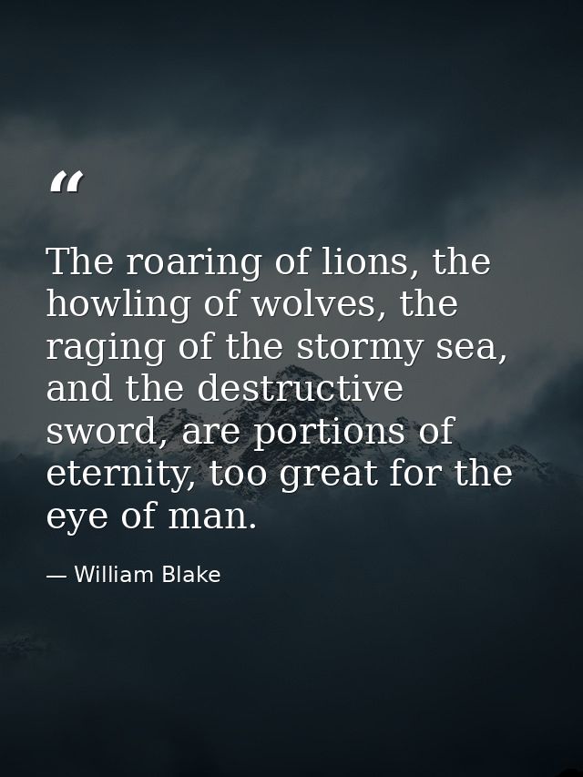 The roaring of lions, the howling of wolves, the raging of the stormy sea, and the destructive sword, are portions of et — William Blake