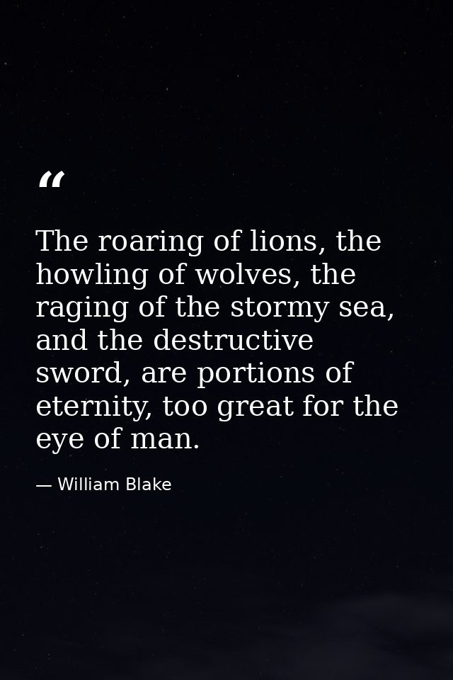 The roaring of lions, the howling of wolves, the raging of the stormy sea, and the destructive sword, are portions of et — William Blake