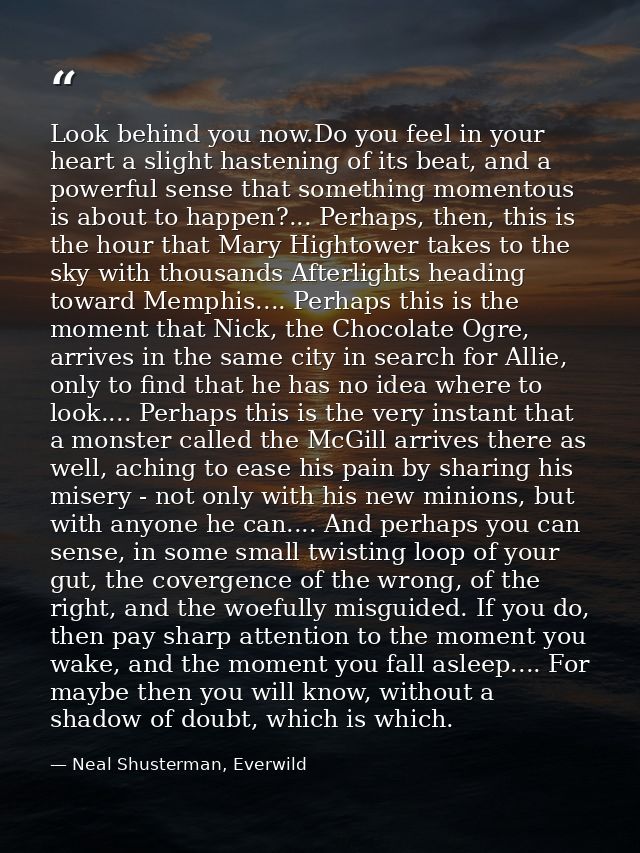 Look behind you now.Do you feel in your heart a slight hastening of its beat, and a powerful sense that something moment — Neal Shusterman, Everwild
