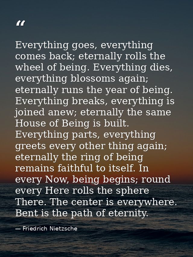 Everything goes, everything comes back; eternally rolls the wheel of being. Everything dies, everything blossoms again;  — Friedrich Nietzsche