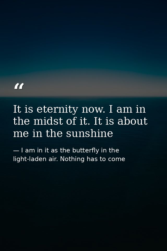 It is eternity now. I am in the midst of it. It is about me in the sunshine — I am in it as the butterfly in the light-laden air. Nothing has to come