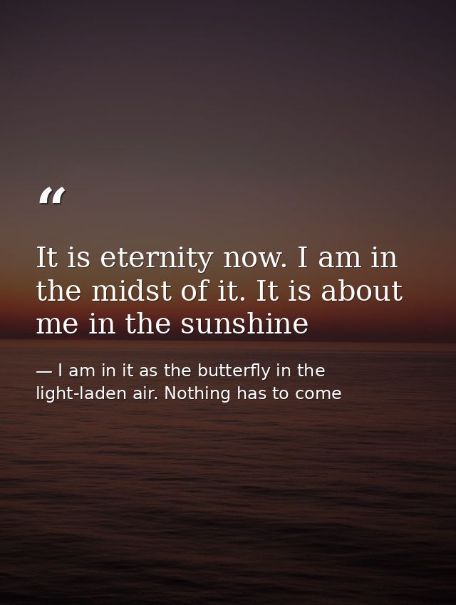 It is eternity now. I am in the midst of it. It is about me in the sunshine — I am in it as the butterfly in the light-laden air. Nothing has to come