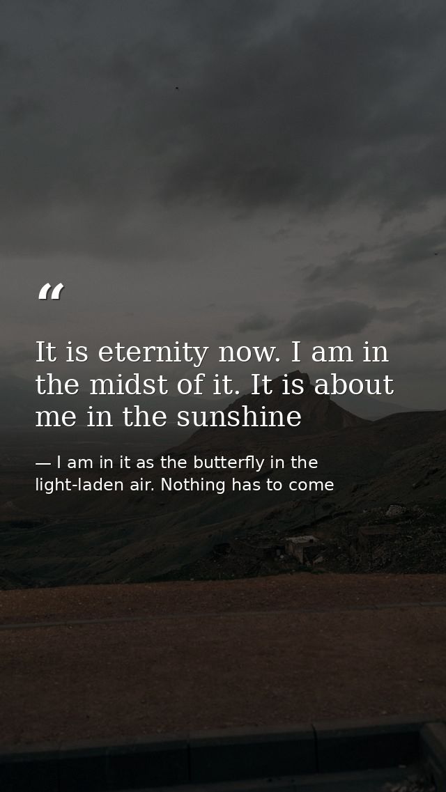 It is eternity now. I am in the midst of it. It is about me in the sunshine — I am in it as the butterfly in the light-laden air. Nothing has to come
