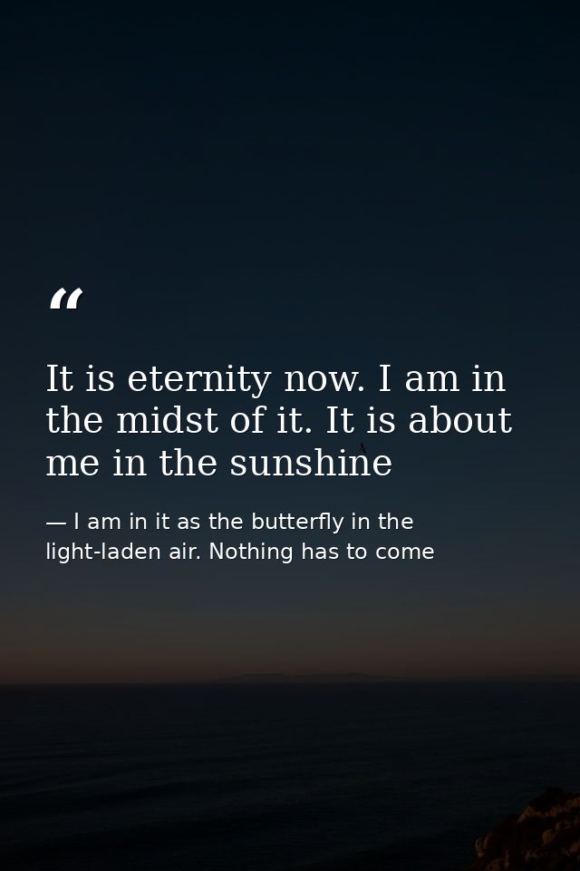It is eternity now. I am in the midst of it. It is about me in the sunshine — I am in it as the butterfly in the light-laden air. Nothing has to come