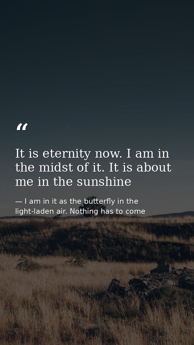 It is eternity now. I am in the midst of it. It is about me in the sunshine — I am in it as the butterfly in the light-laden air. Nothing has to come