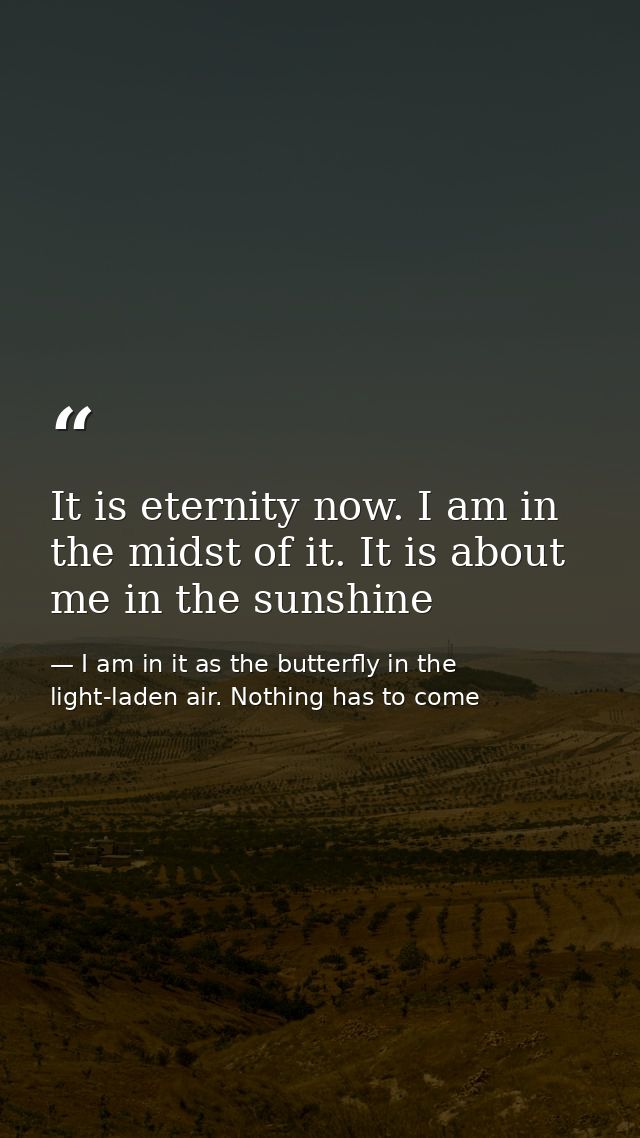 It is eternity now. I am in the midst of it. It is about me in the sunshine — I am in it as the butterfly in the light-laden air. Nothing has to come