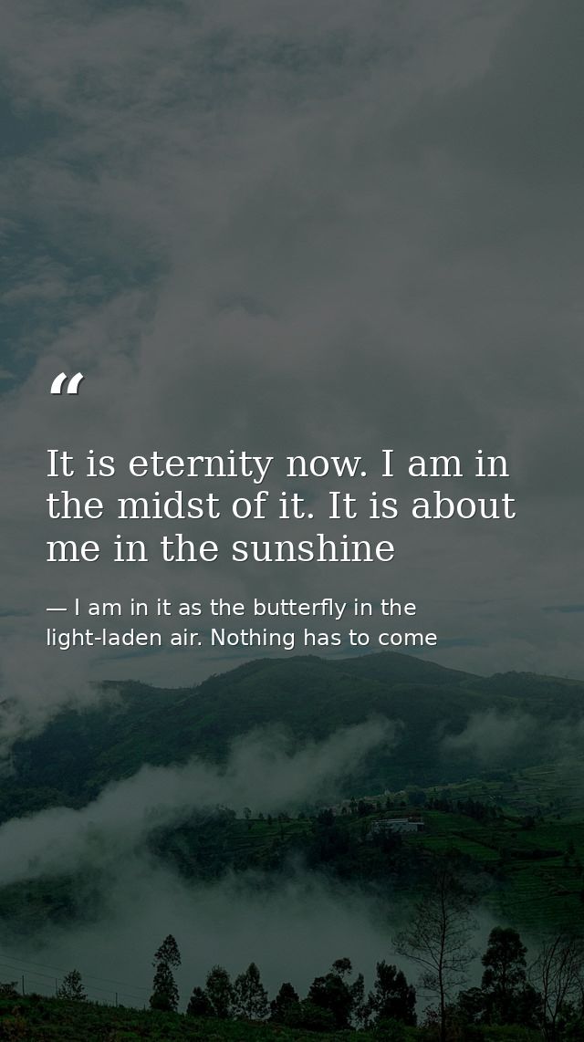 It is eternity now. I am in the midst of it. It is about me in the sunshine — I am in it as the butterfly in the light-laden air. Nothing has to come