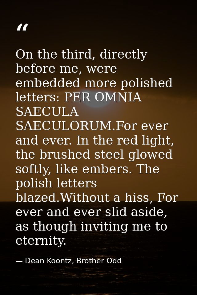 On the third, directly before me, were embedded more polished letters: PER OMNIA SAECULA SAECULORUM.For ever and ever. I — Dean Koontz, Brother Odd