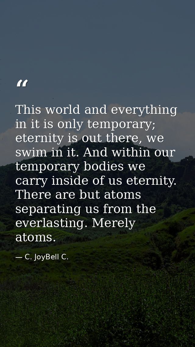 This world and everything in it is only temporary; eternity is out there, we swim in it. And within our temporary bodies — C. JoyBell C.