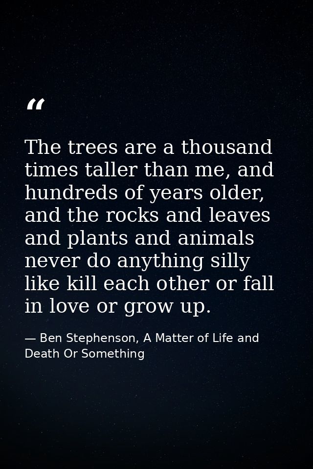 The trees are a thousand times taller than me, and hundreds of years older, and the rocks and leaves and plants and anim — Ben Stephenson, A Matter of Life and Death Or Something