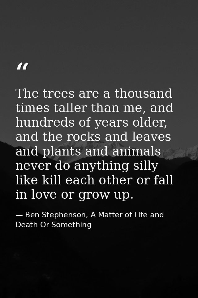 The trees are a thousand times taller than me, and hundreds of years older, and the rocks and leaves and plants and anim — Ben Stephenson, A Matter of Life and Death Or Something