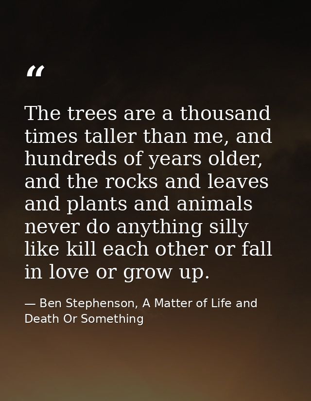 The trees are a thousand times taller than me, and hundreds of years older, and the rocks and leaves and plants and anim — Ben Stephenson, A Matter of Life and Death Or Something