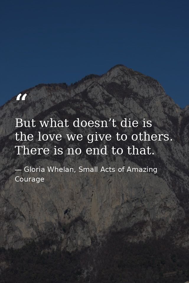 But what doesn’t die is the love we give to others. There is no end to that. — Gloria Whelan, Small Acts of Amazing Courage
