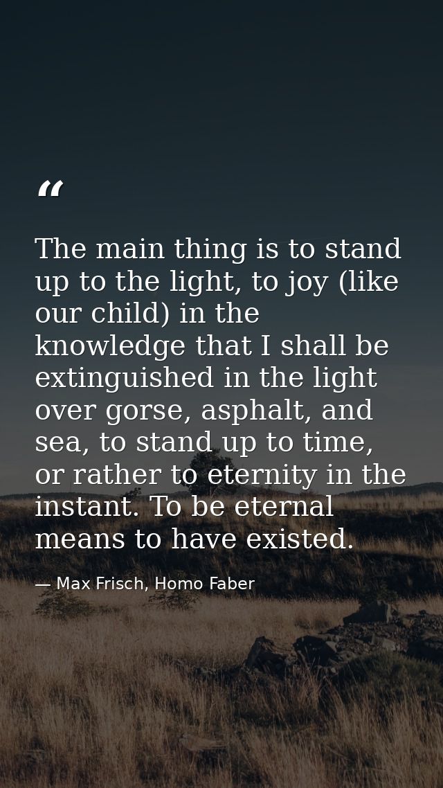 The main thing is to stand up to the light, to joy (like our child) in the knowledge that I shall be extinguished in the — Max Frisch, Homo Faber