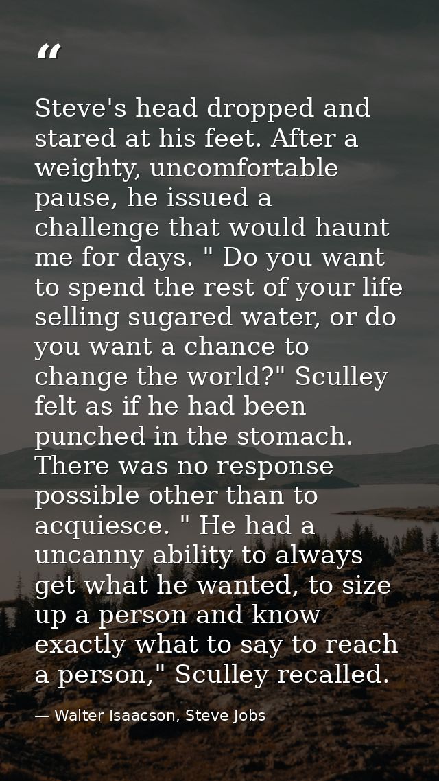 Steve's head dropped and stared at his feet. After a weighty, uncomfortable pause, he issued a challenge that would haun — Walter Isaacson, Steve Jobs