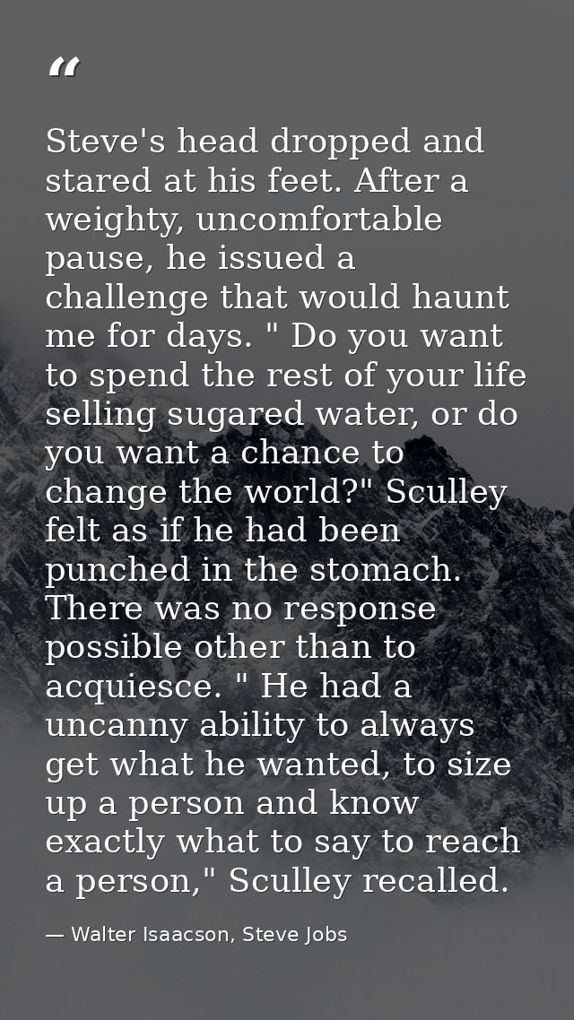 Steve's head dropped and stared at his feet. After a weighty, uncomfortable pause, he issued a challenge that would haun — Walter Isaacson, Steve Jobs