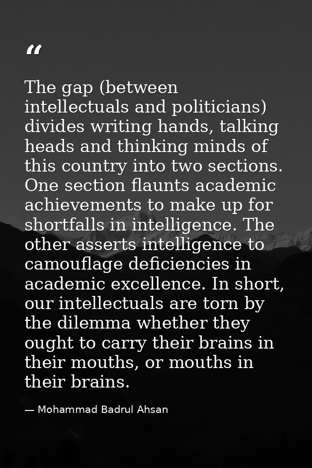 The gap (between intellectuals and politicians) divides writing hands, talking heads and thinking minds of this country  — Mohammad Badrul Ahsan