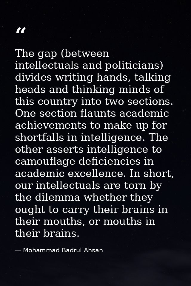 The gap (between intellectuals and politicians) divides writing hands, talking heads and thinking minds of this country  — Mohammad Badrul Ahsan