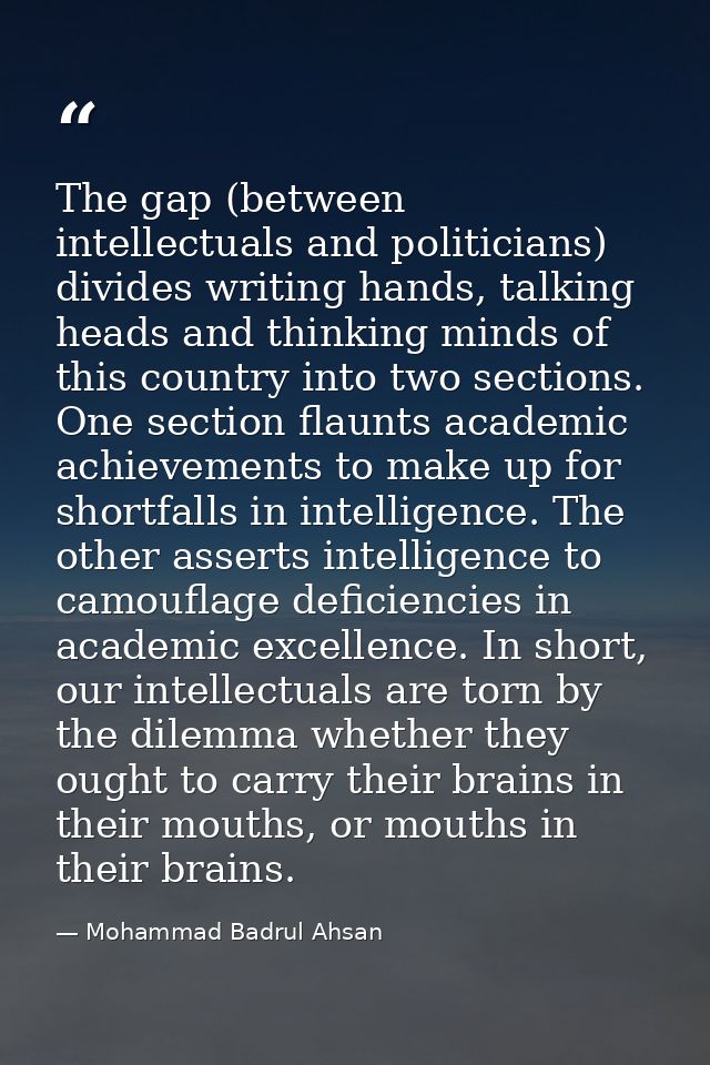 The gap (between intellectuals and politicians) divides writing hands, talking heads and thinking minds of this country  — Mohammad Badrul Ahsan
