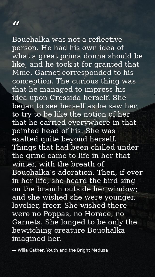 Bouchalka was not a reflective person. He had his own idea of what a great prima donna should be like, and he took it fo — Willa Cather, Youth and the Bright Medusa