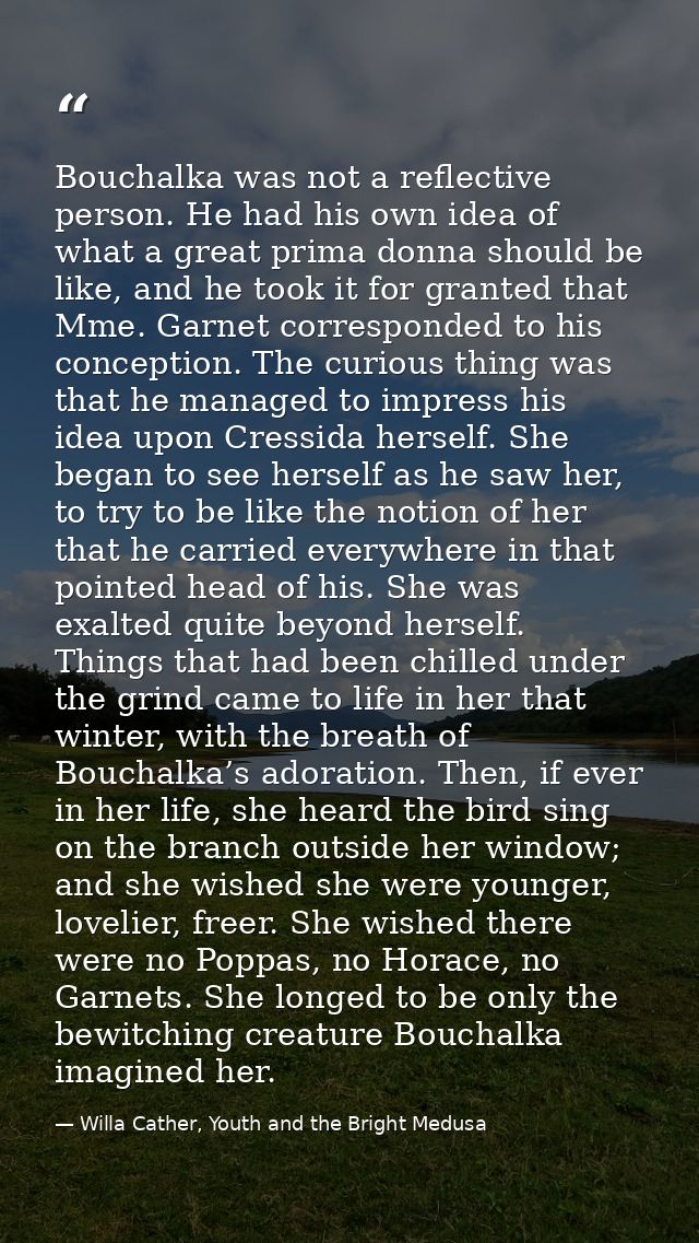 Bouchalka was not a reflective person. He had his own idea of what a great prima donna should be like, and he took it fo — Willa Cather, Youth and the Bright Medusa