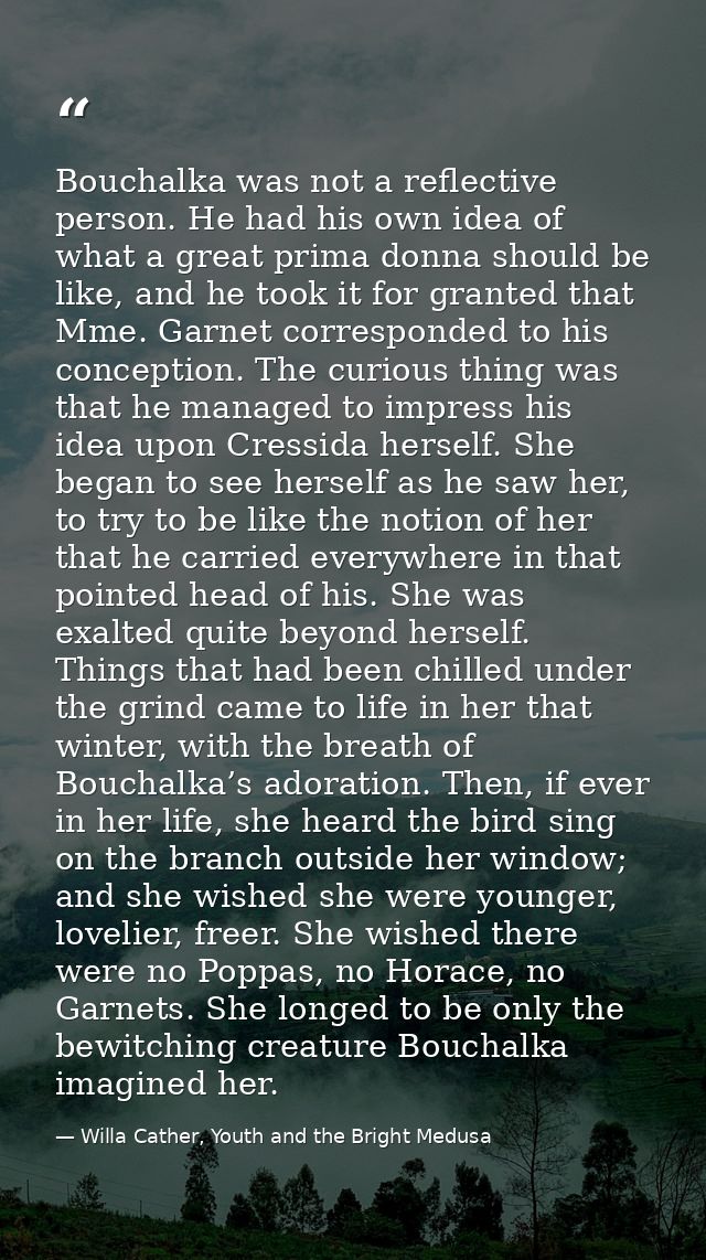 Bouchalka was not a reflective person. He had his own idea of what a great prima donna should be like, and he took it fo — Willa Cather, Youth and the Bright Medusa