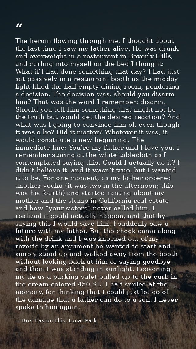 The heroin flowing through me, I thought about the last time I saw my father alive. He was drunk and overweight in a res — Bret Easton Ellis, Lunar Park
