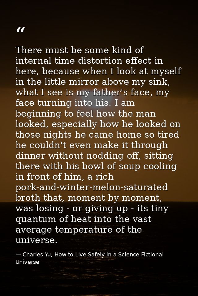 There must be some kind of internal time distortion effect in here, because when I look at myself in the little mirror a — Charles Yu, How to Live Safely in a Science Fictional Universe