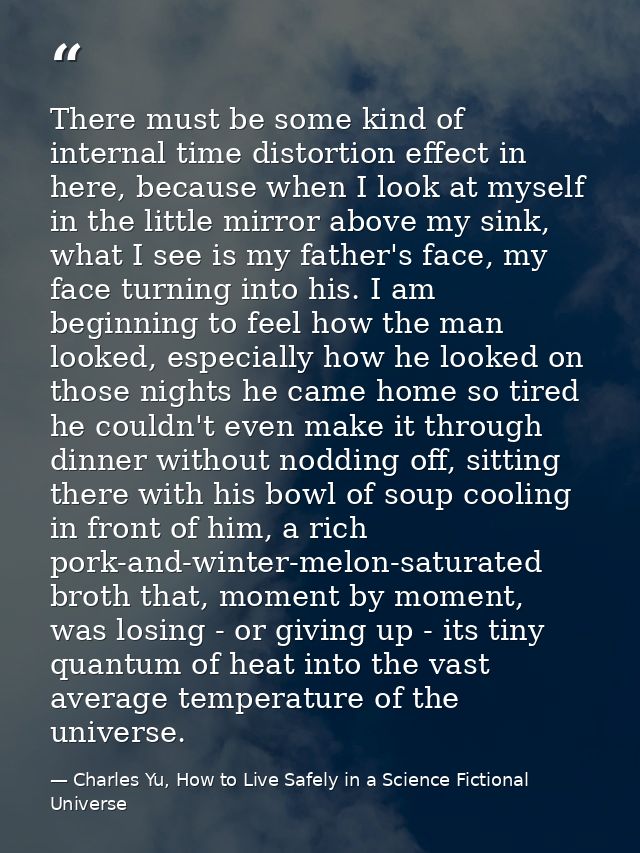 There must be some kind of internal time distortion effect in here, because when I look at myself in the little mirror a — Charles Yu, How to Live Safely in a Science Fictional Universe