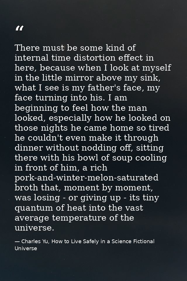 There must be some kind of internal time distortion effect in here, because when I look at myself in the little mirror a — Charles Yu, How to Live Safely in a Science Fictional Universe