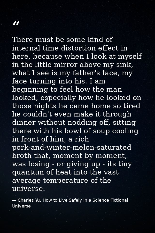 There must be some kind of internal time distortion effect in here, because when I look at myself in the little mirror a — Charles Yu, How to Live Safely in a Science Fictional Universe