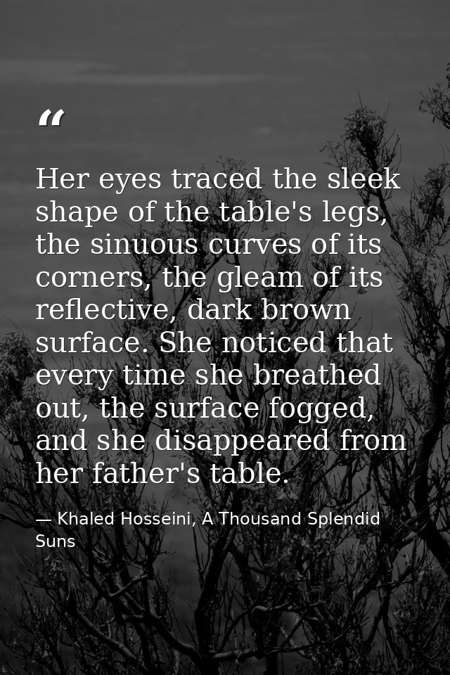 Her eyes traced the sleek shape of the table's legs, the sinuous curves of its corners, the gleam of its reflective, dar — Khaled Hosseini, A Thousand Splendid Suns