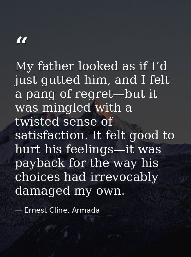 My father looked as if I’d just gutted him, and I felt a pang of regret—but it was mingled with a twisted sense of satis — Ernest Cline, Armada
