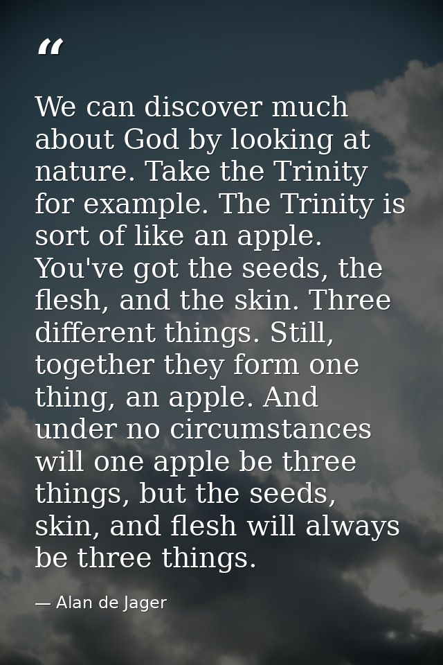 We can discover much about God by looking at nature. Take the Trinity for example. The Trinity is sort of like an apple. — Alan de Jager