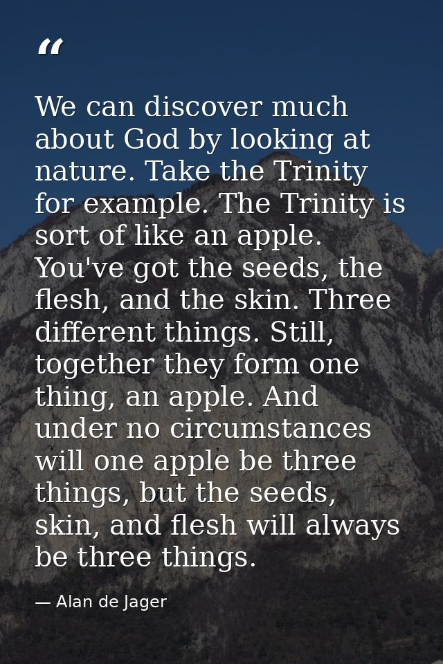 We can discover much about God by looking at nature. Take the Trinity for example. The Trinity is sort of like an apple. — Alan de Jager