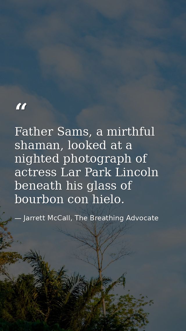Father Sams, a mirthful shaman, looked at a nighted photograph of actress Lar Park Lincoln beneath his glass of bourbon  — Jarrett McCall, The Breathing Advocate