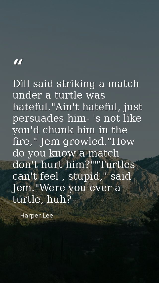 Dill said striking a match under a turtle was hateful."Ain't hateful, just persuades him- 's not like you'd chunk him in — Harper Lee
