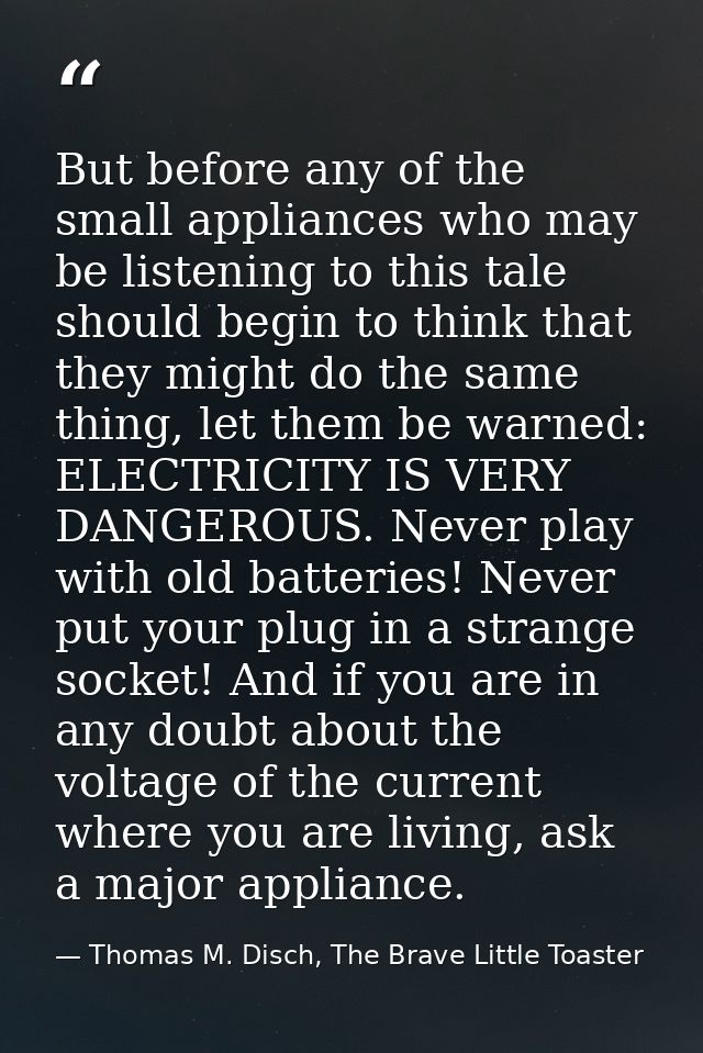 But before any of the small appliances who may be listening to this tale should begin to think that they might do the sa — Thomas M. Disch, The Brave Little Toaster