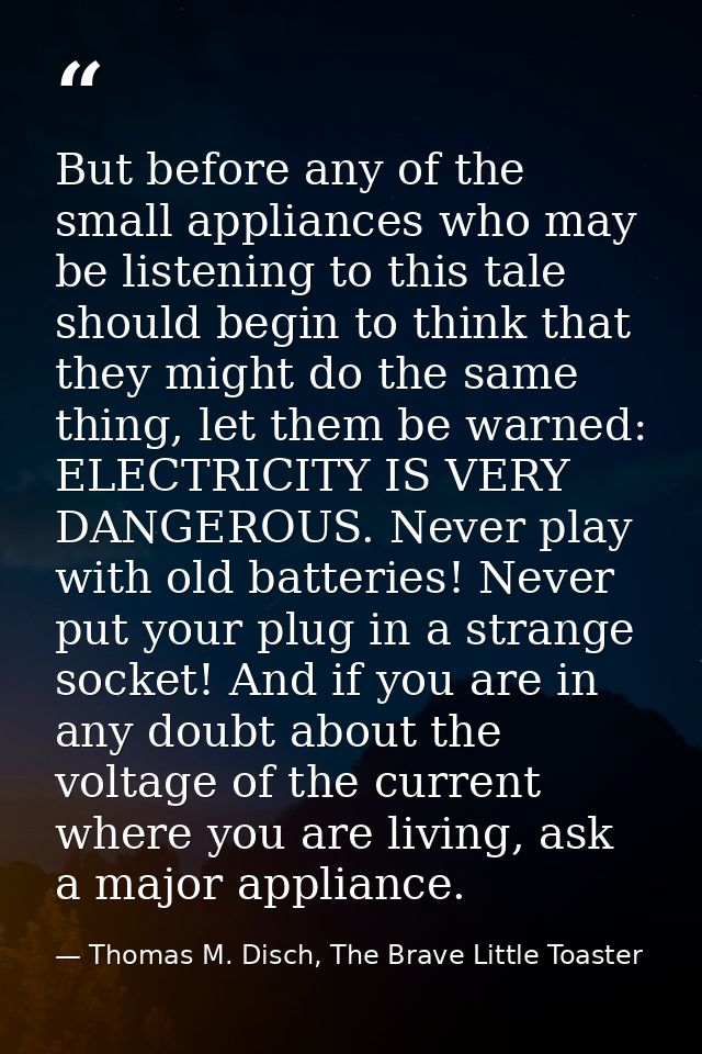 But before any of the small appliances who may be listening to this tale should begin to think that they might do the sa — Thomas M. Disch, The Brave Little Toaster