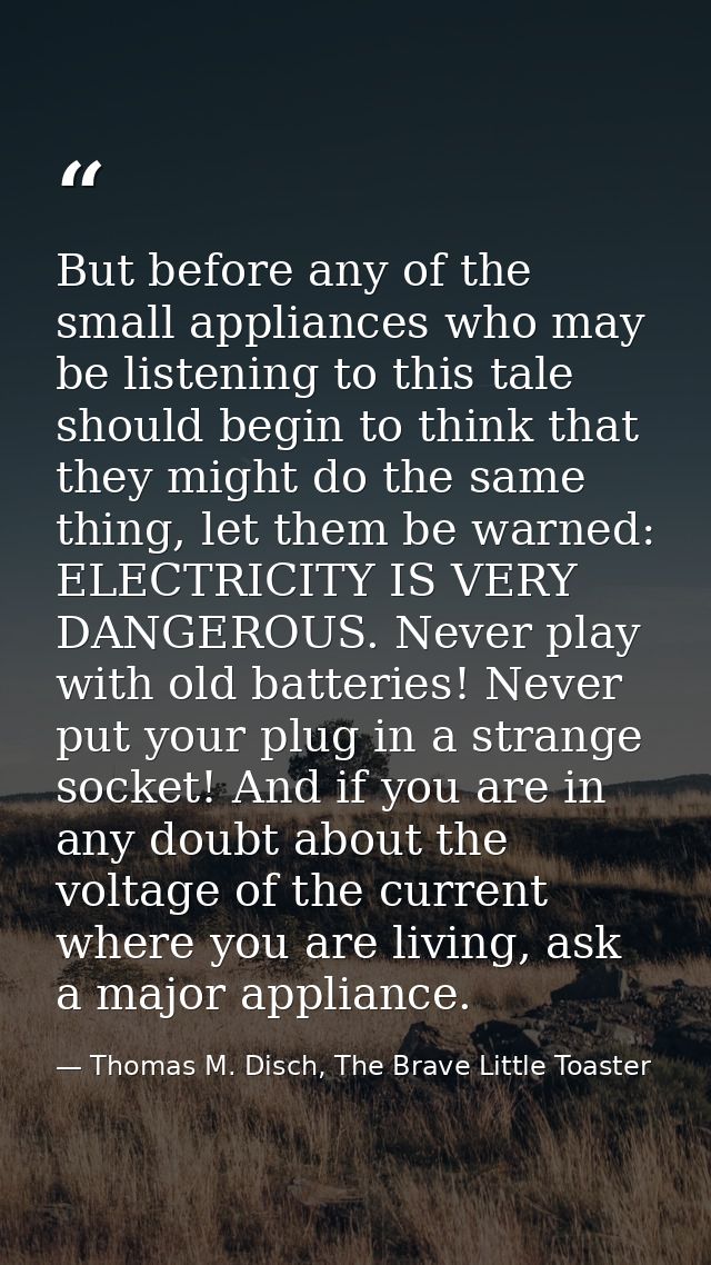 But before any of the small appliances who may be listening to this tale should begin to think that they might do the sa — Thomas M. Disch, The Brave Little Toaster