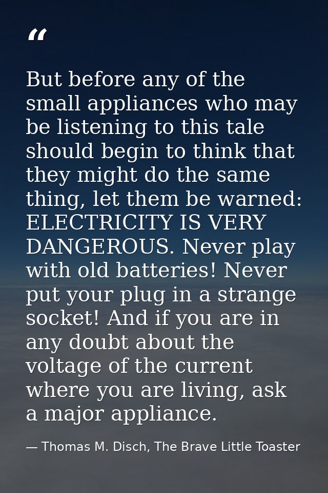 But before any of the small appliances who may be listening to this tale should begin to think that they might do the sa — Thomas M. Disch, The Brave Little Toaster