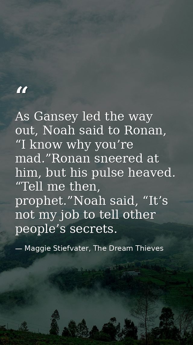 As Gansey led the way out, Noah said to Ronan, “I know why you’re mad.”Ronan sneered at him, but his pulse heaved. “Tell — Maggie Stiefvater, The Dream Thieves