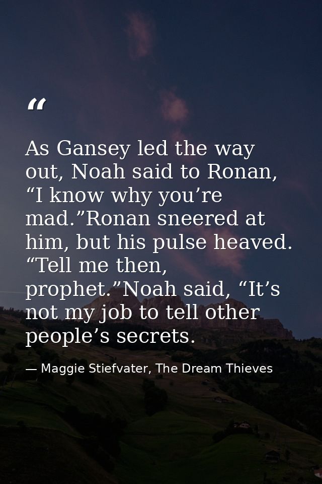 As Gansey led the way out, Noah said to Ronan, “I know why you’re mad.”Ronan sneered at him, but his pulse heaved. “Tell — Maggie Stiefvater, The Dream Thieves