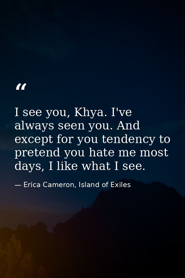 I see you, Khya. I've always seen you. And except for you tendency to pretend you hate me most days, I like what I see. — Erica Cameron, Island of Exiles
