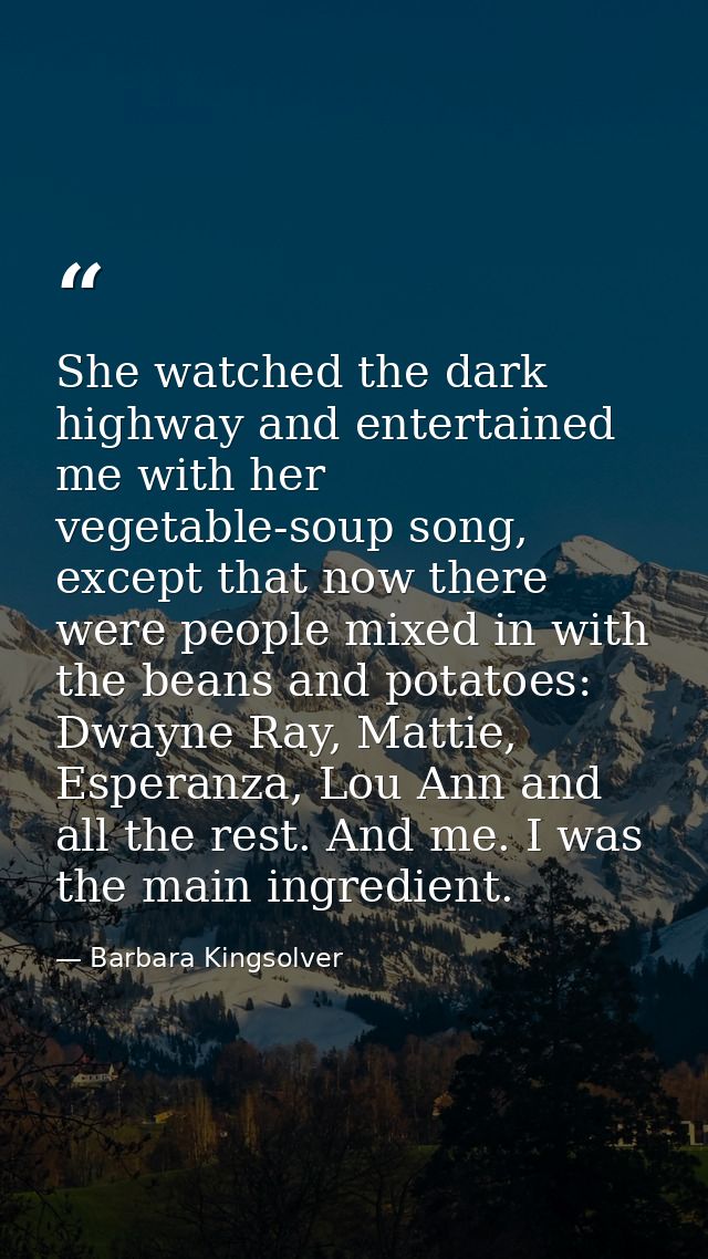 She watched the dark highway and entertained me with her vegetable-soup song, except that now there were people mixed in — Barbara Kingsolver