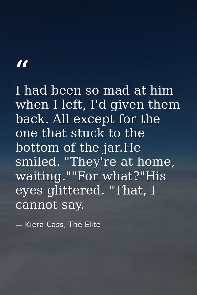 I had been so mad at him when I left, I'd given them back. All except for the one that stuck to the bottom of the jar.He — Kiera Cass, The Elite
