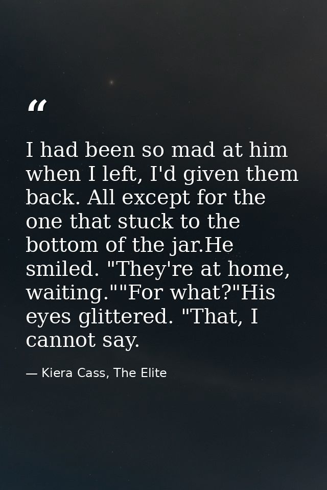 I had been so mad at him when I left, I'd given them back. All except for the one that stuck to the bottom of the jar.He — Kiera Cass, The Elite
