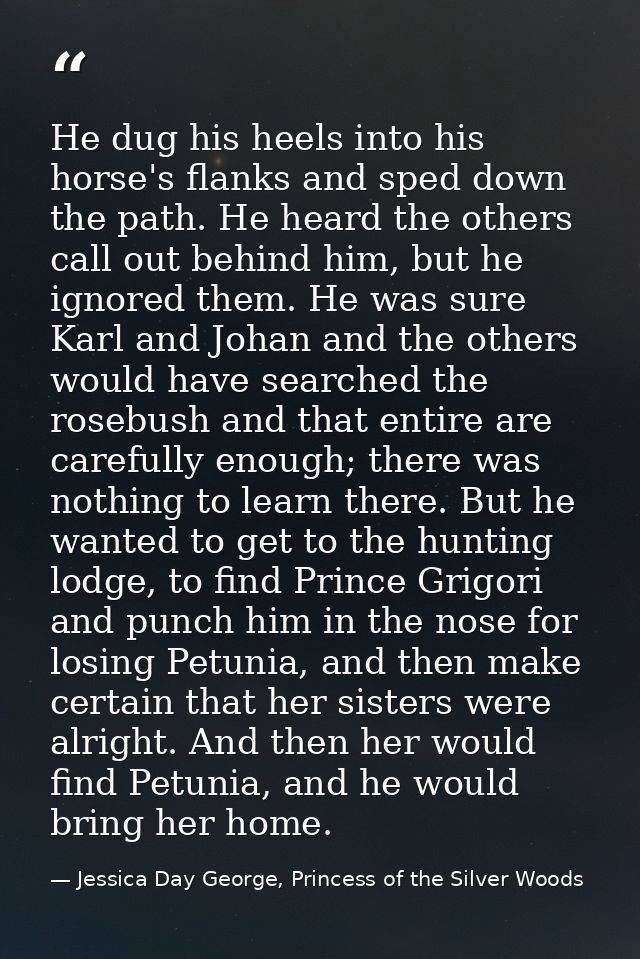He dug his heels into his horse's flanks and sped down the path. He heard the others call out behind him, but he ignored — Jessica Day George, Princess of the Silver Woods