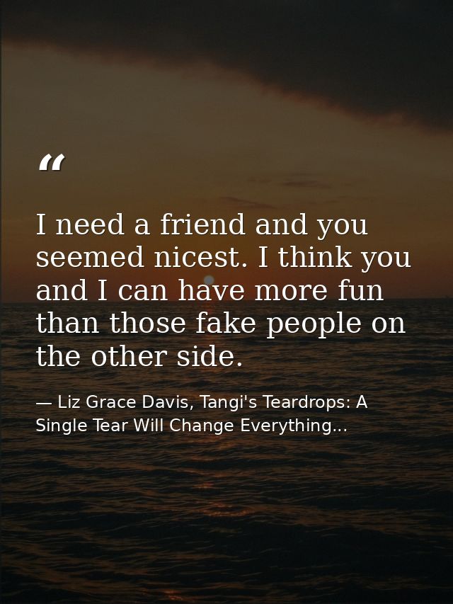 I need a friend and you seemed nicest. I think you and I can have more fun than those fake people on the other side. — Liz Grace Davis, Tangi's Teardrops: A Single Tear Will Change Everything...